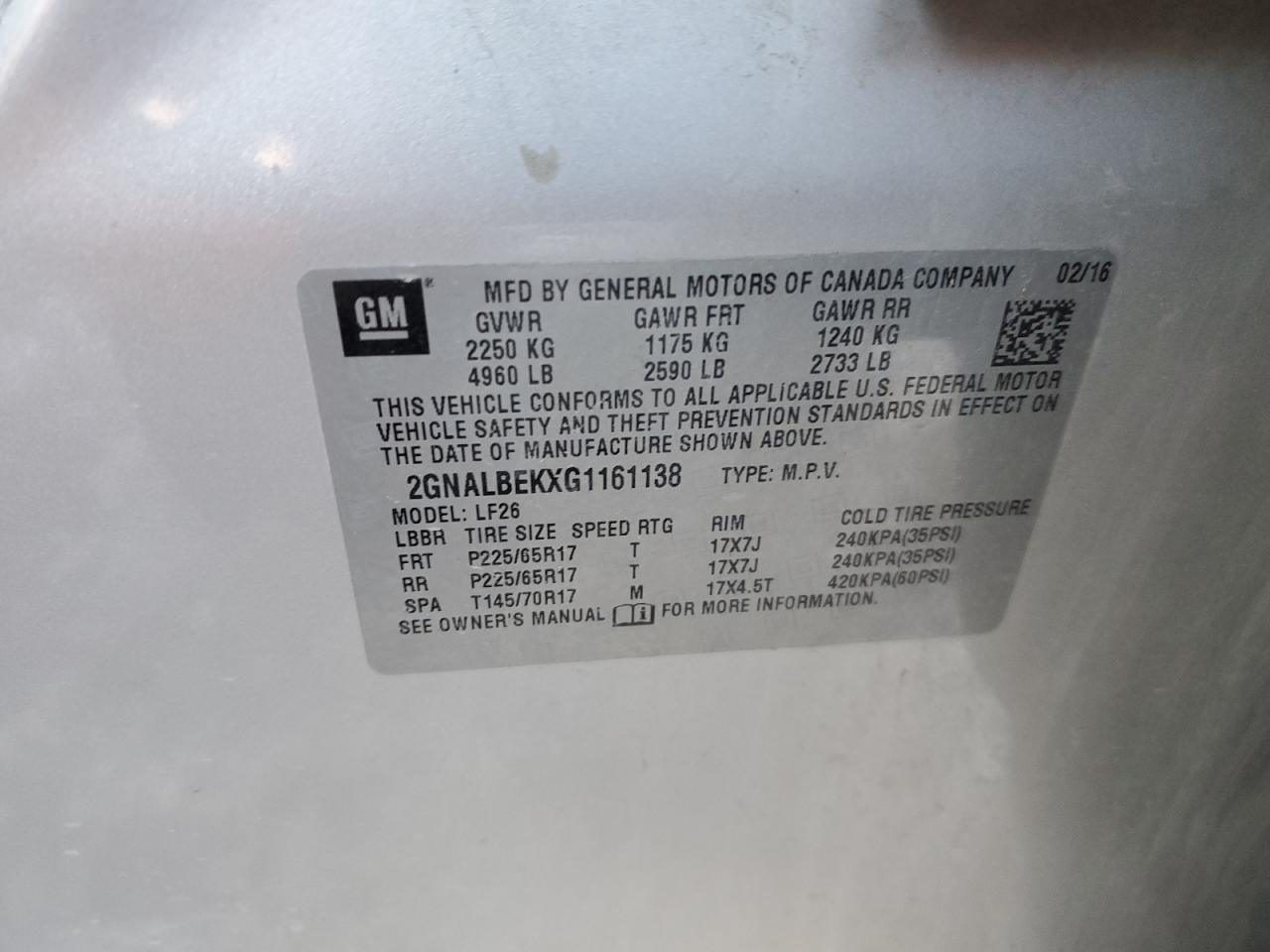 2016 Chevrolet Equinox VIN 2GNALBEKXG1161138 Copart auction photo, front end damage thumbnail 15
