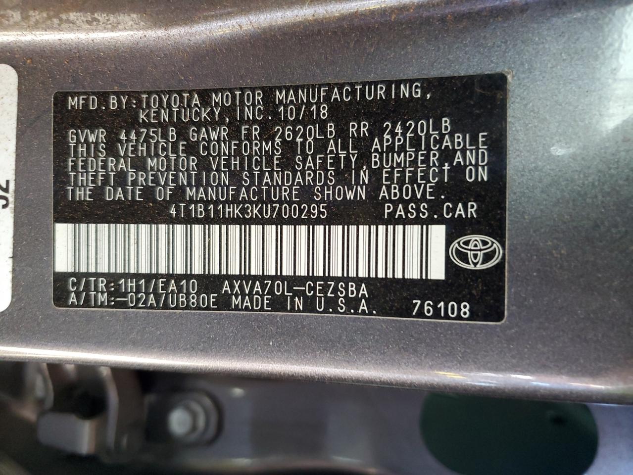 2019 Toyota Camry VIN 4T1B11HK3KU700295 Copart auction photo, all over damage thumbnail 15