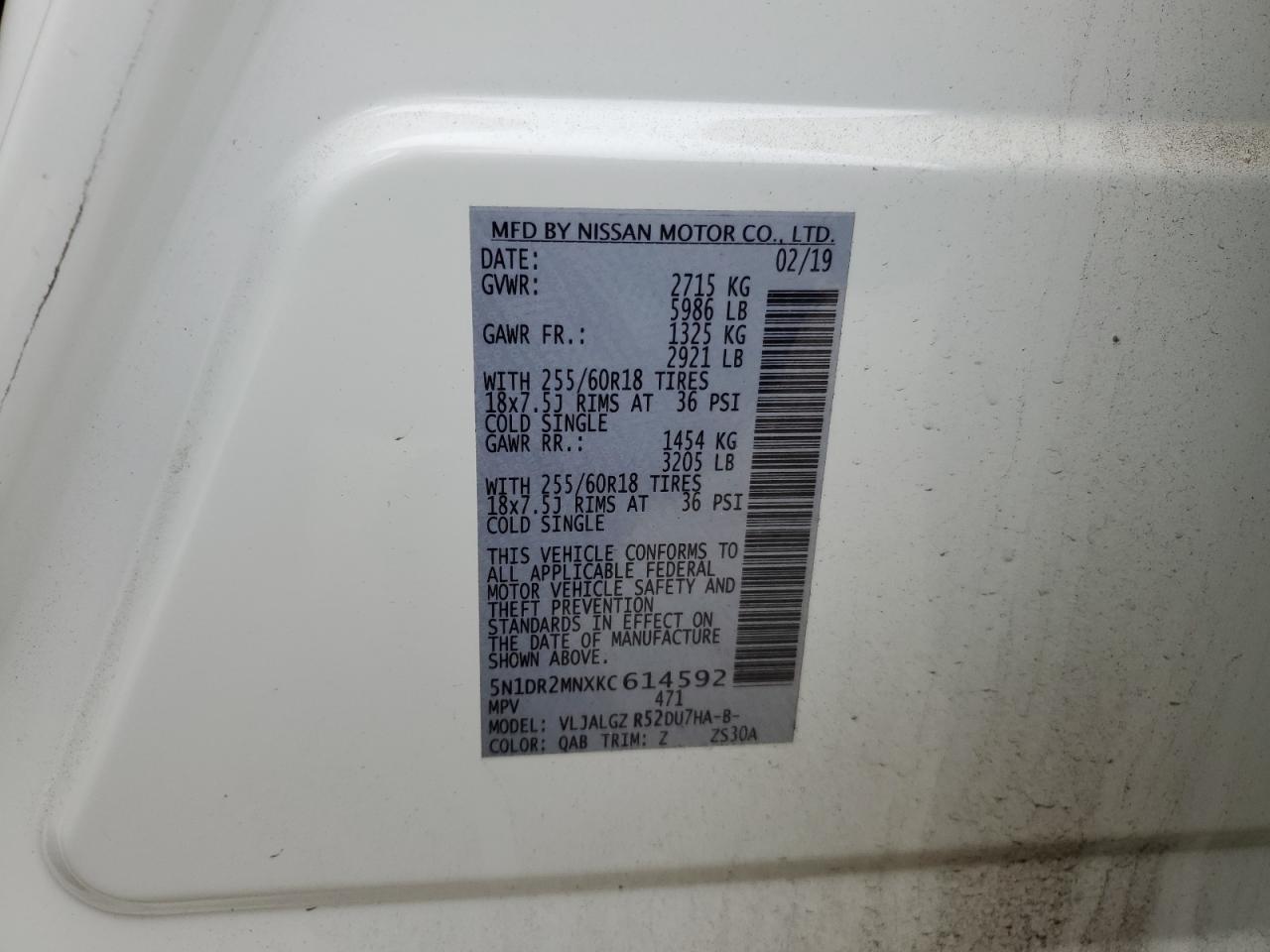 2019 Nissan Pathfinder VIN 5N1DR2MNXKC614592 Copart auction photo, front end damage thumbnail 16