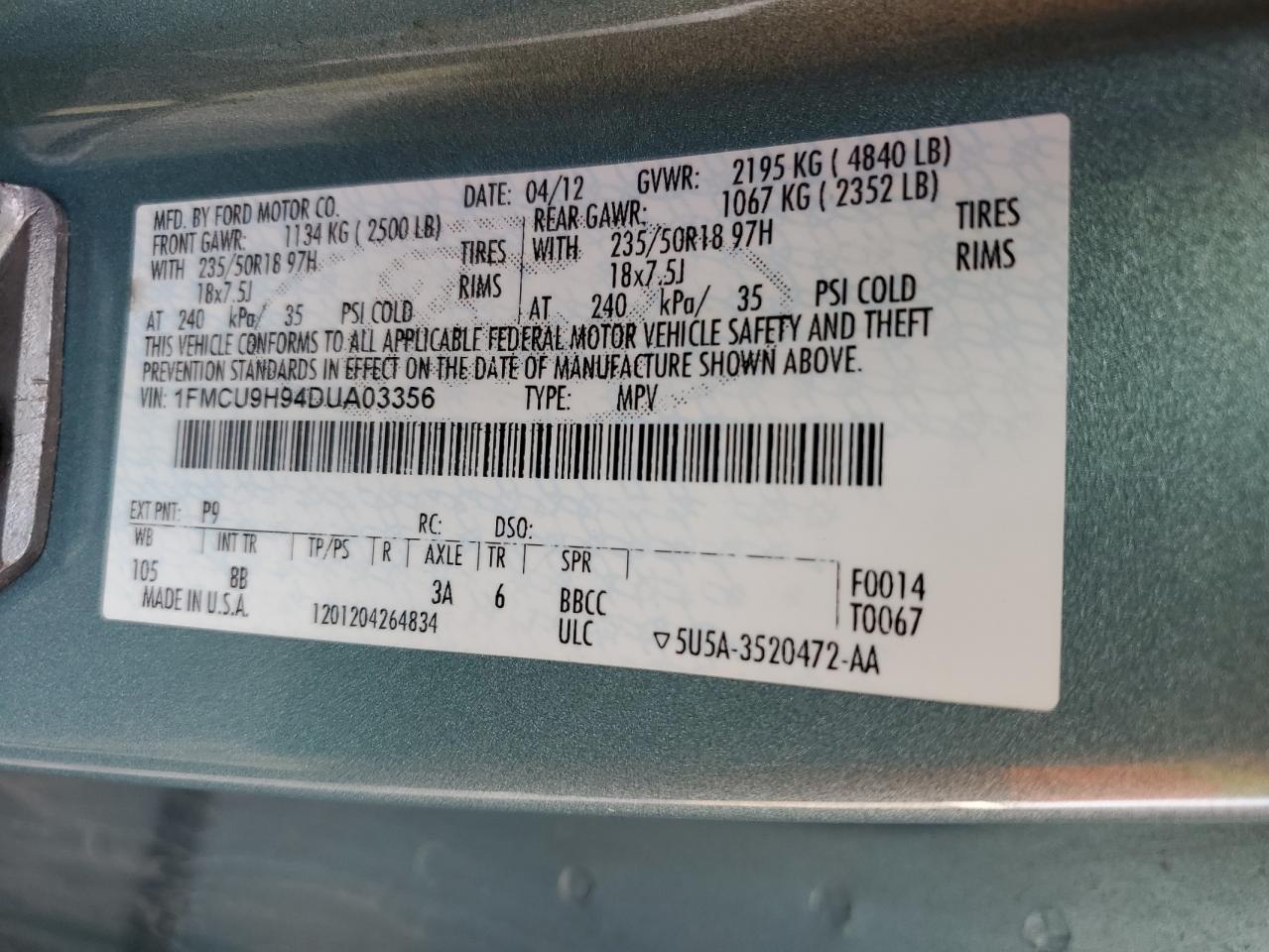 2013 Ford Escape VIN 1FMCU9H94DUA03356 Copart auction photo, minor dent/scratches damage thumbnail 12
