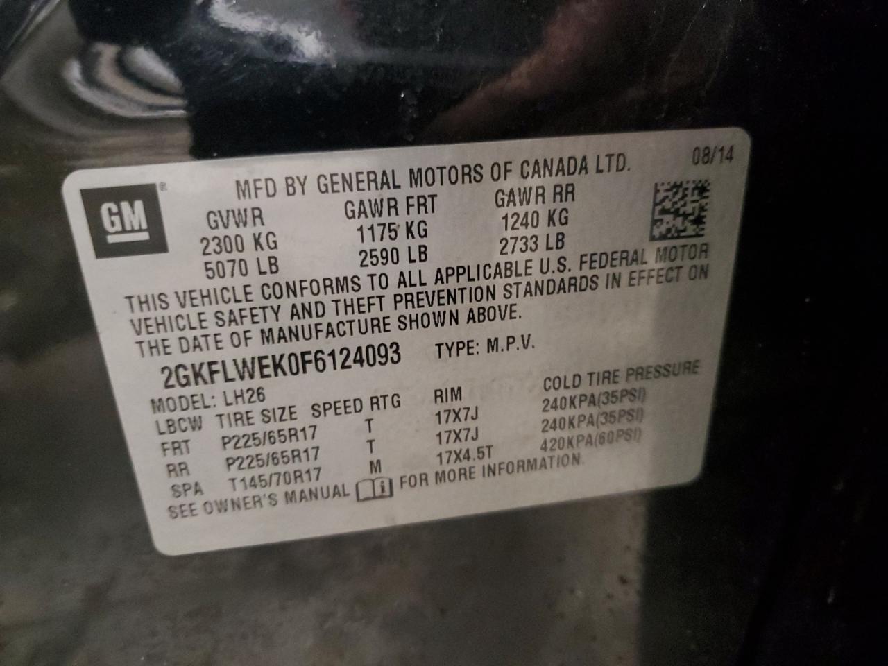 2015 GMC Terrain VIN 2GKFLWEK0F6124093 Copart auction photo, mechanical / minor dent/scratches damage thumbnail 13