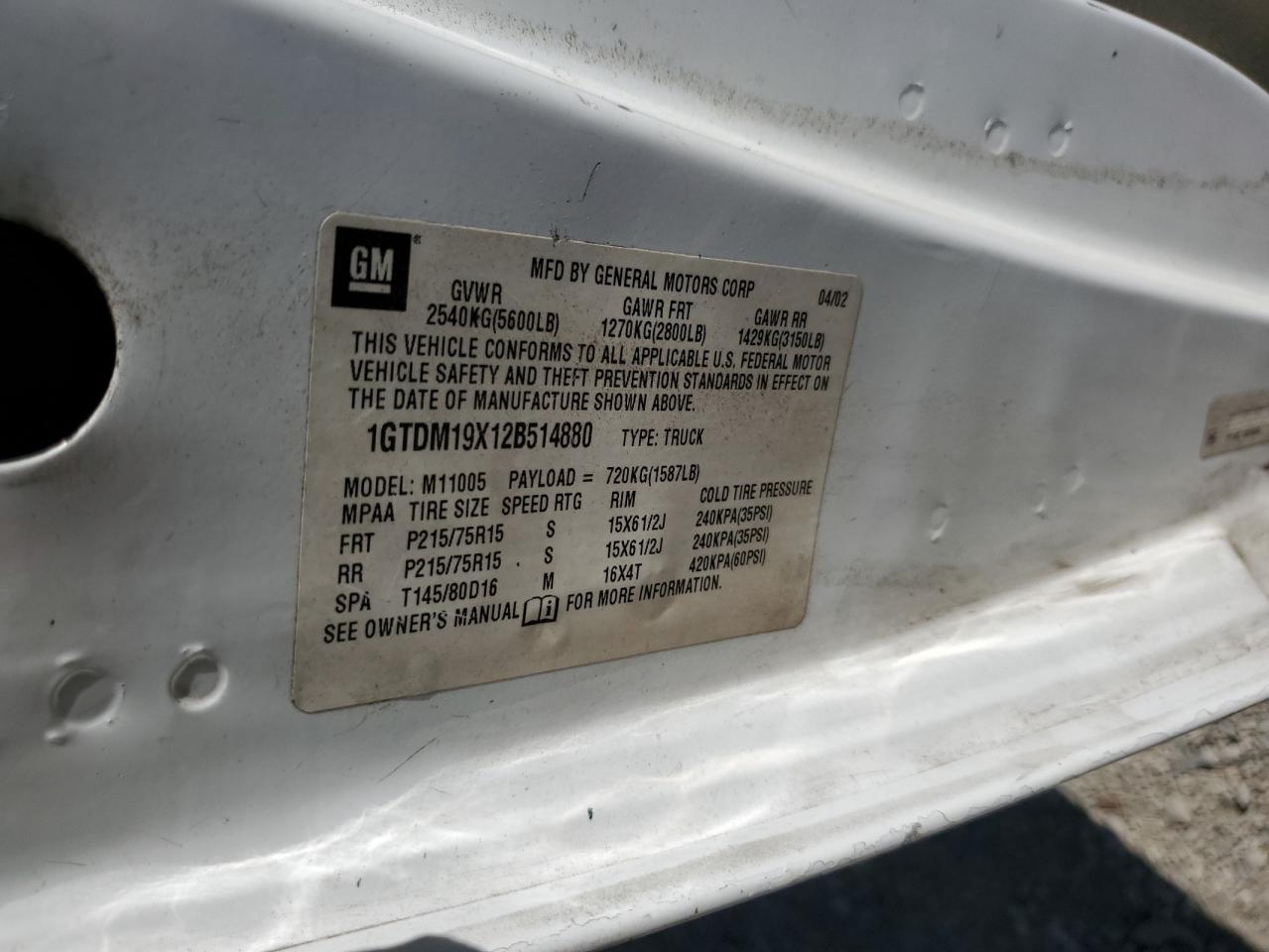 2002 GMC Safari VIN 1GTDM19X12B514880 Copart auction photo, front end damage thumbnail 13