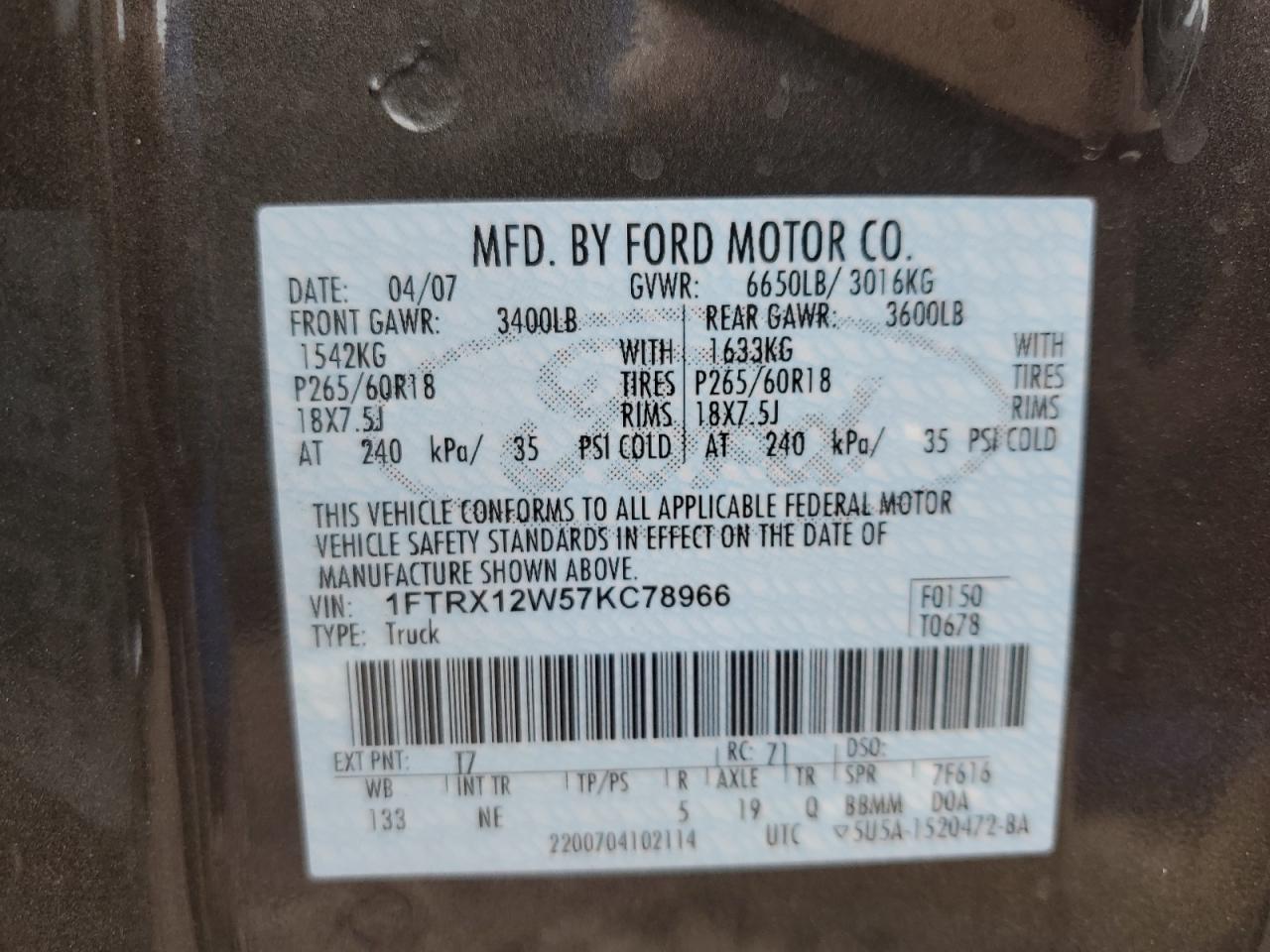 2007 Ford F-150 VIN 1FTRX12W57KC78966 Copart auction photo, side / rear end damage thumbnail 14