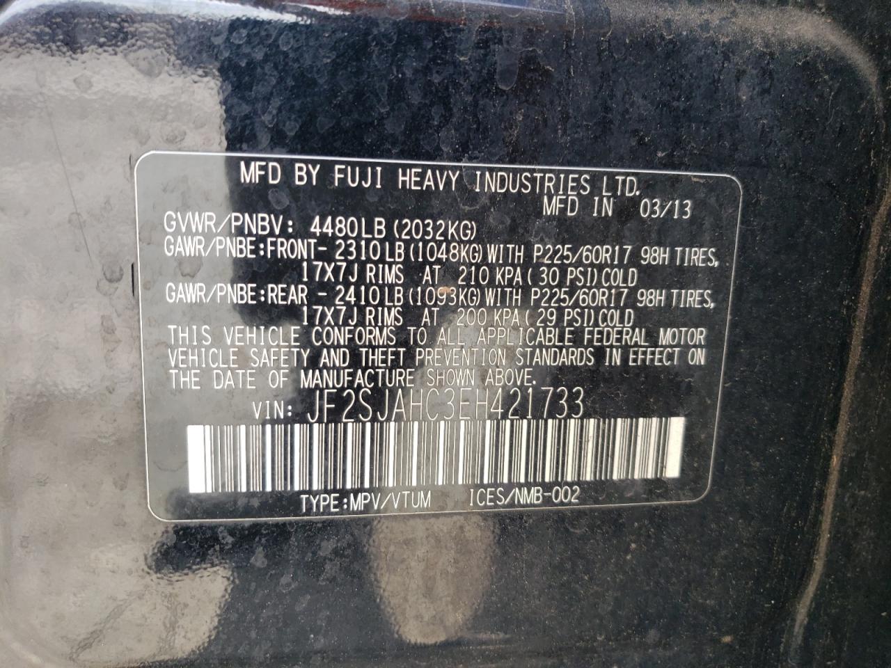 2014 Subaru Forester VIN JF2SJAHC3EH421733 Copart auction photo, rear end damage thumbnail 13