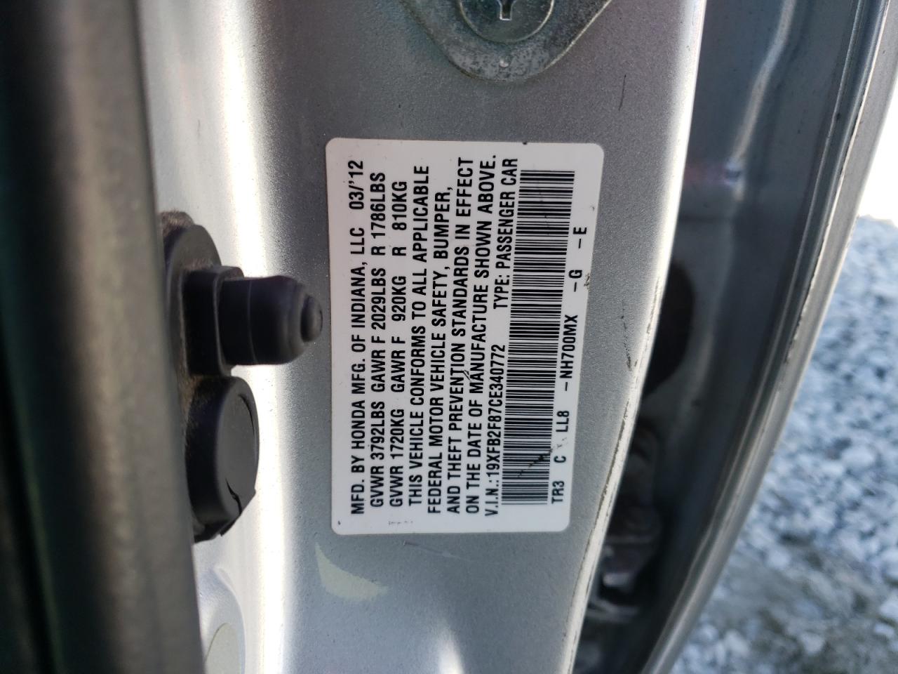 2012 Honda Civic VIN 19XFB2F87CE340772 Copart auction photo, rear end damage thumbnail 12