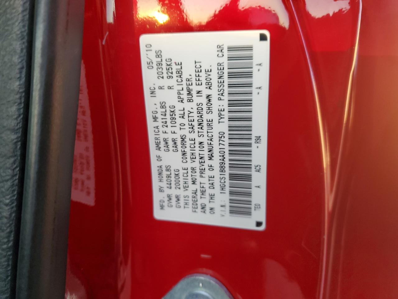 2010 Honda Accord VIN 1HGCS1B89AA017750 Copart auction photo, front end damage thumbnail 15