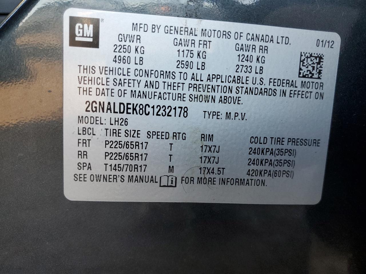 2012 Chevrolet Equinox VIN 2GNALDEK8C1232178 Copart auction photo, burn - interior / front end damage thumbnail 13