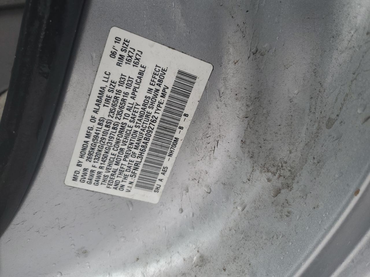 2010 Honda Odyssey VIN 5FNRL3H68AB092762 Copart auction photo, front end / undercarriage damage thumbnail 15