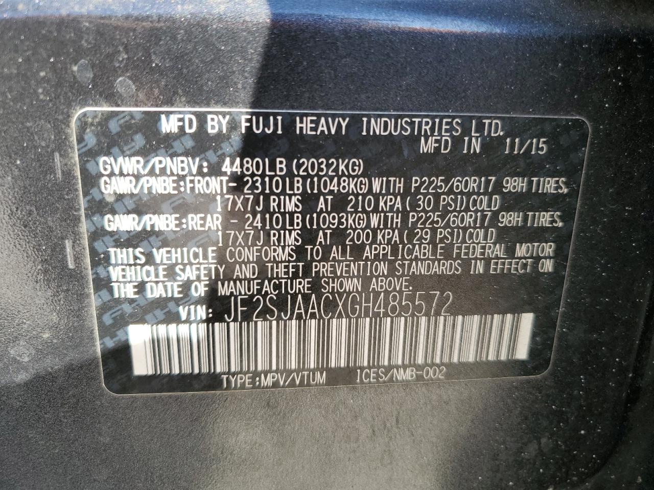 2016 Subaru Forester VIN JF2SJAACXGH485572 Copart auction photo, rear end / minor dent/scratches damage thumbnail 13
