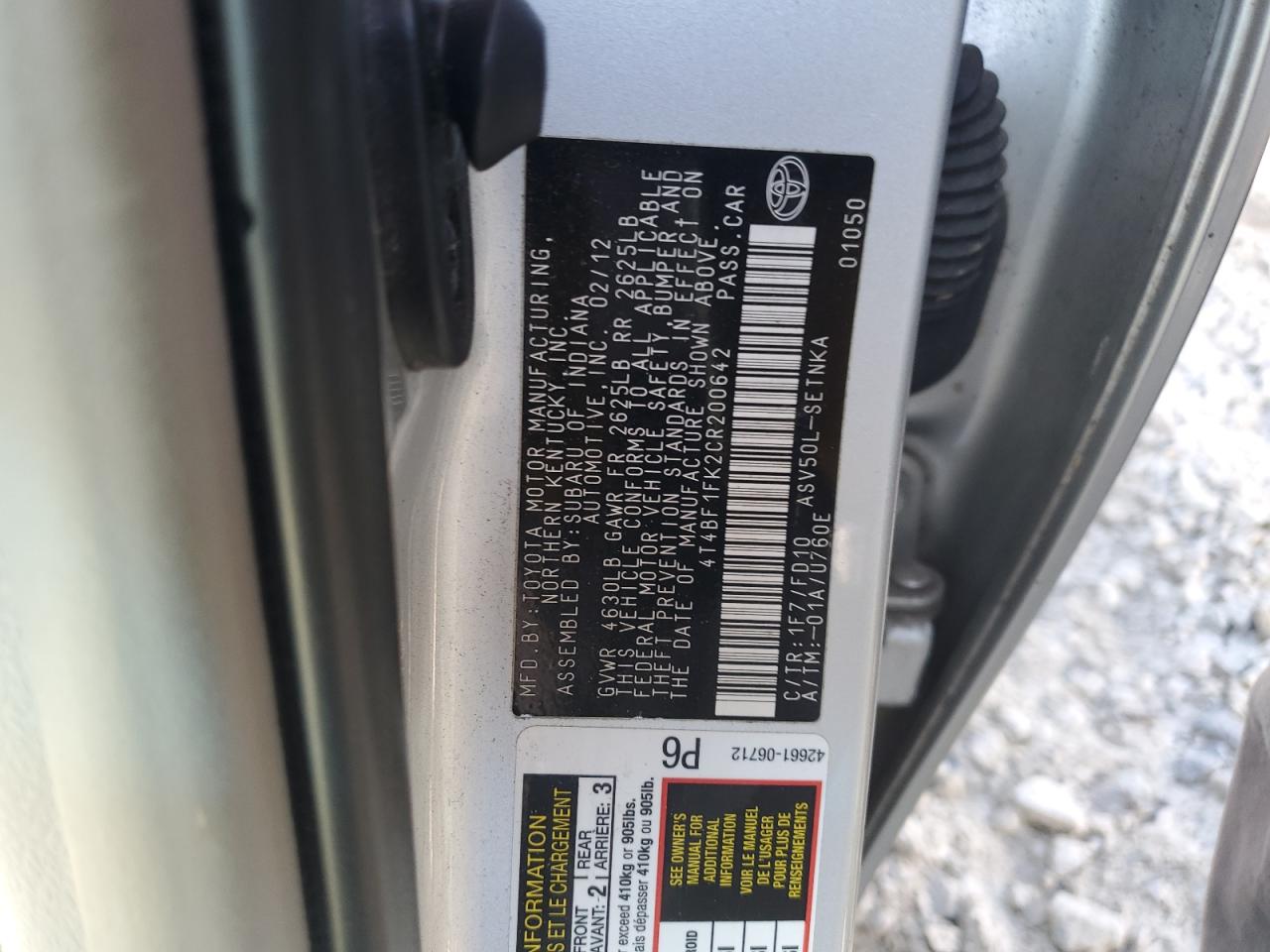 2012 Toyota Camry VIN 4T4BF1FK2CR200642 Copart auction photo, front end damage thumbnail 13