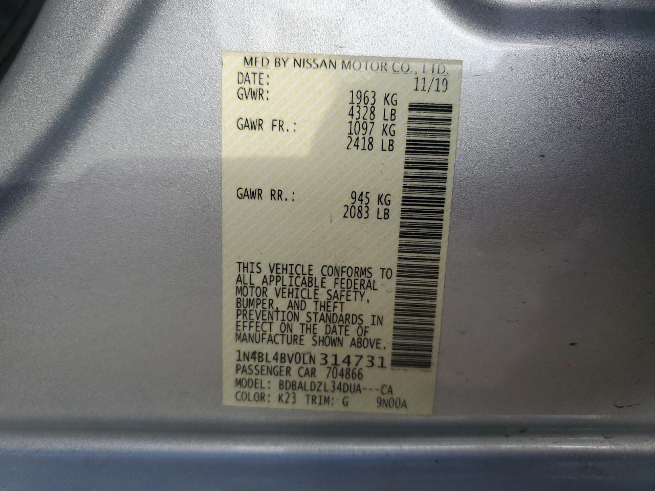 2020 Nissan Altima VIN 1N4BL4BV0LN314731 Copart auction photo, front end damage thumbnail 13