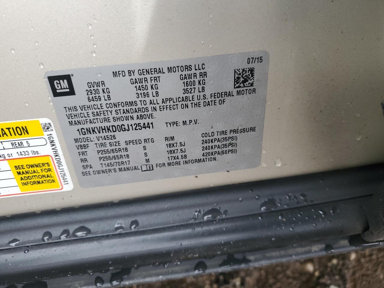 2016 Chevrolet Traverse VIN 1GNKVHKD0GJ125441 Copart auction photo, front end damage thumbnail 15