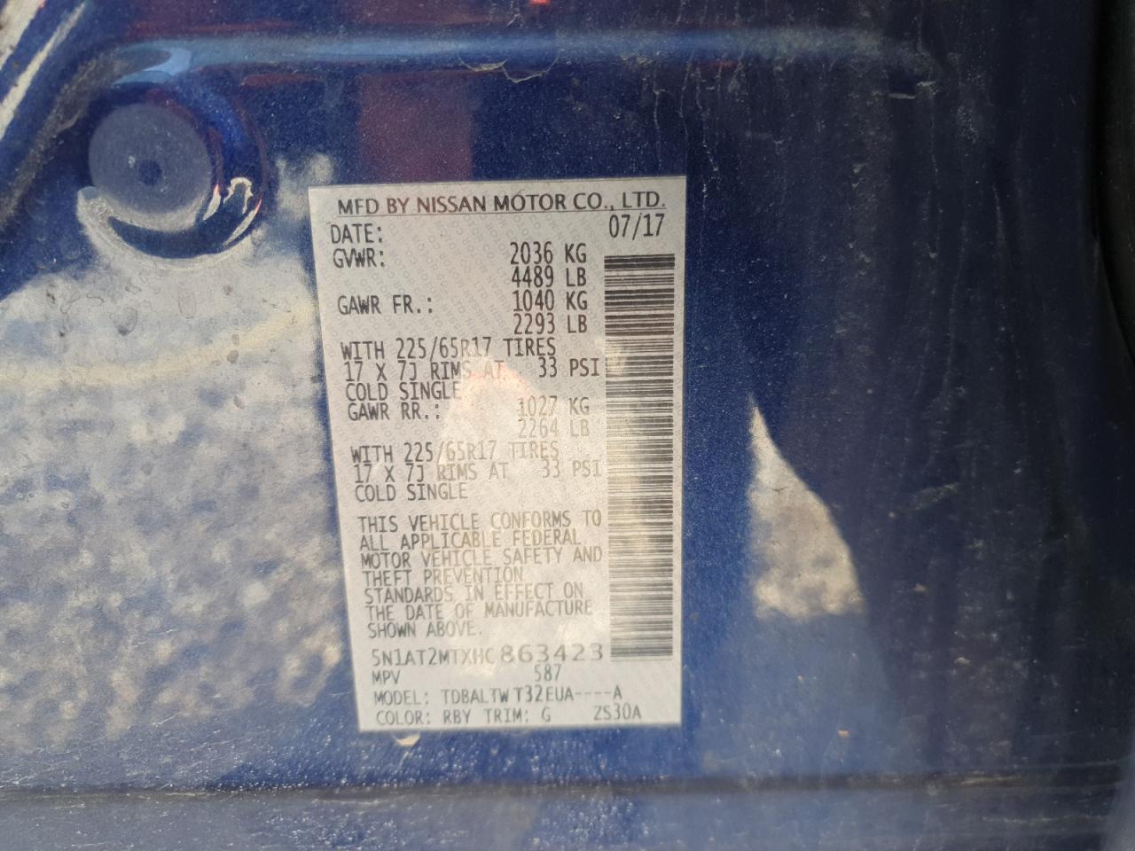 2017 Nissan Rogue VIN 5N1AT2MTXHC863423 Copart auction photo, front end / side damage thumbnail 12