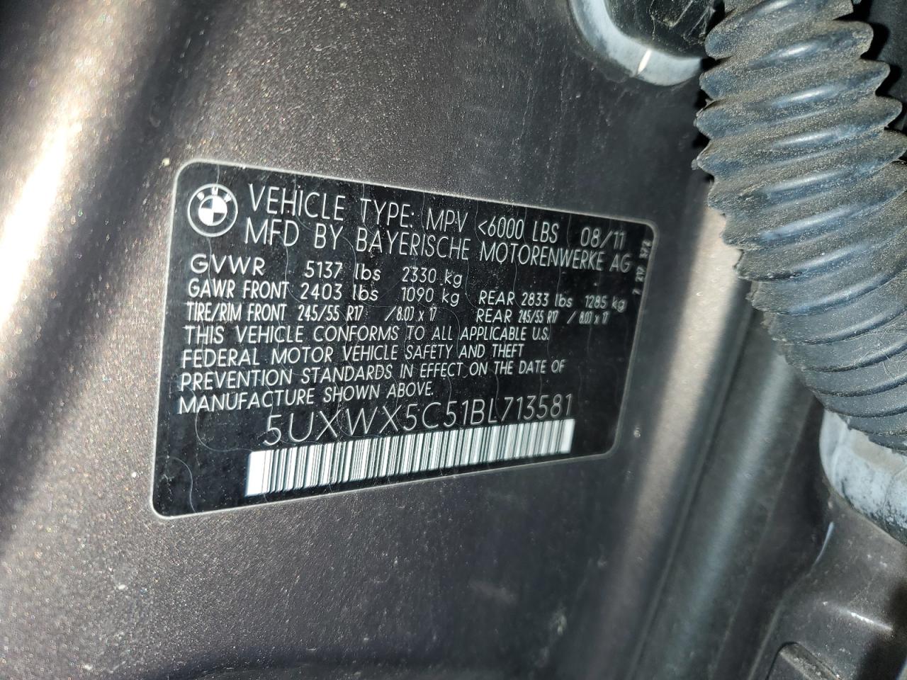 2011 BMW X3 VIN 5UXWX5C51BL713581 Copart auction photo, rear end / minor dent/scratches damage thumbnail 13
