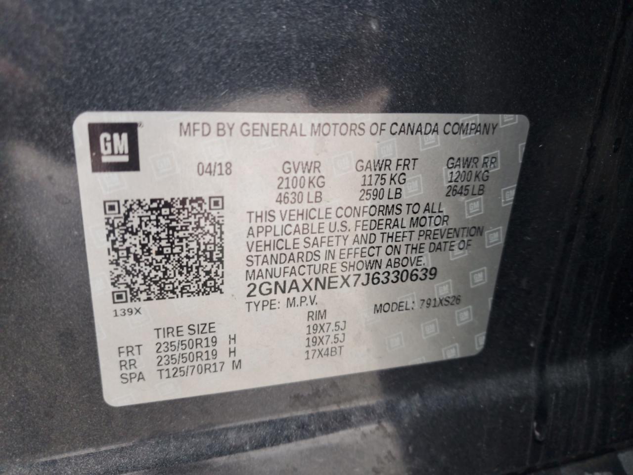 2018 Chevrolet Equinox VIN 2GNAXNEX7J6330639 Copart auction photo, front end damage thumbnail 14