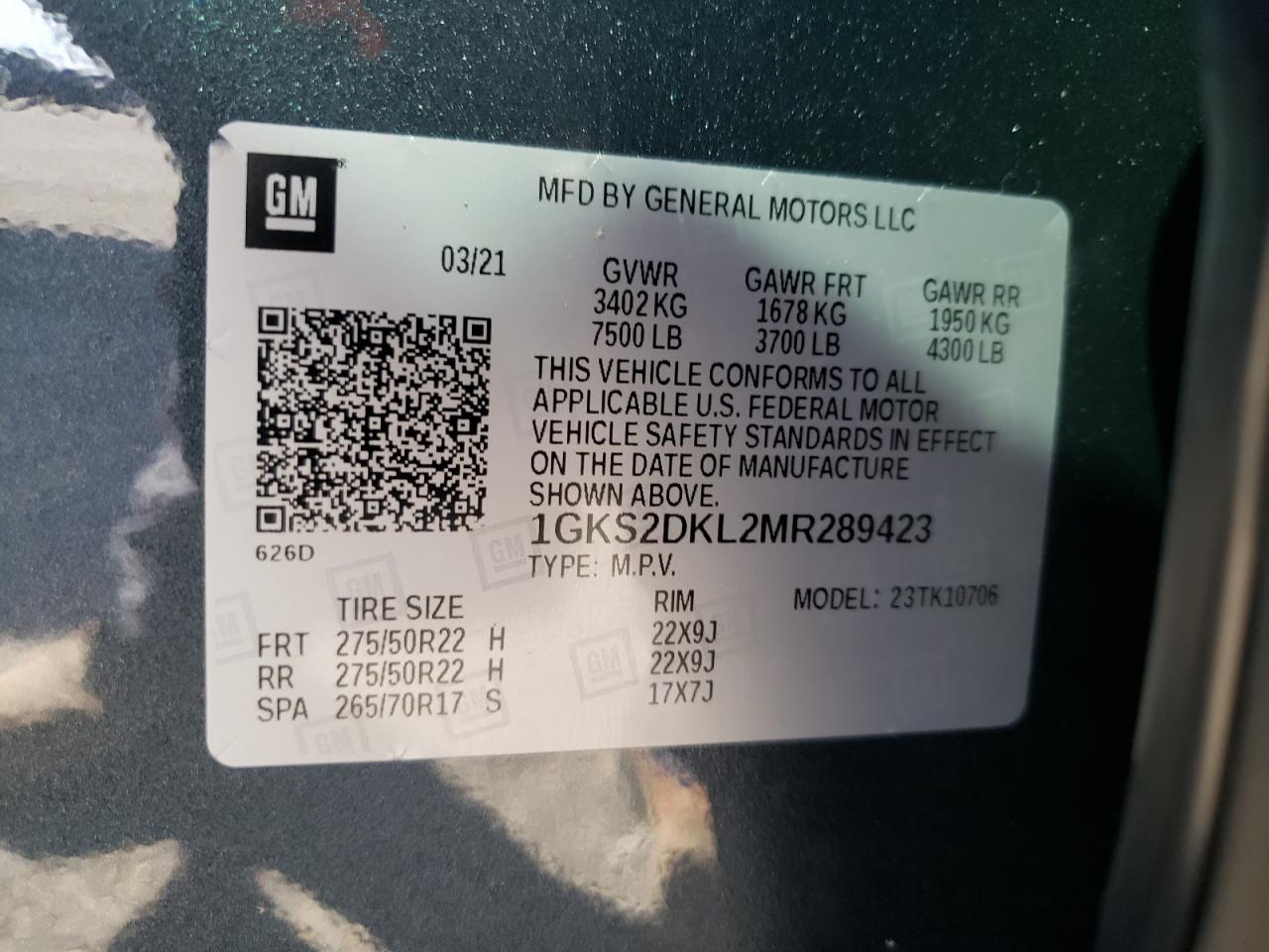2021 GMC Yukon VIN 1GKS2DKL2MR289423 Copart auction photo, top/roof damage thumbnail 13