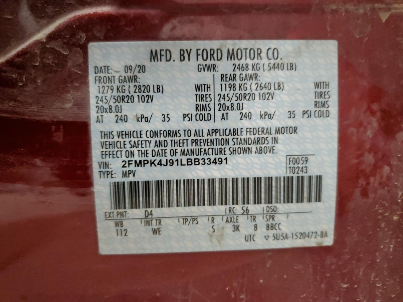 2020 Ford Edge VIN 2FMPK4J91LBB33491 Copart auction photo, front end damage thumbnail 14