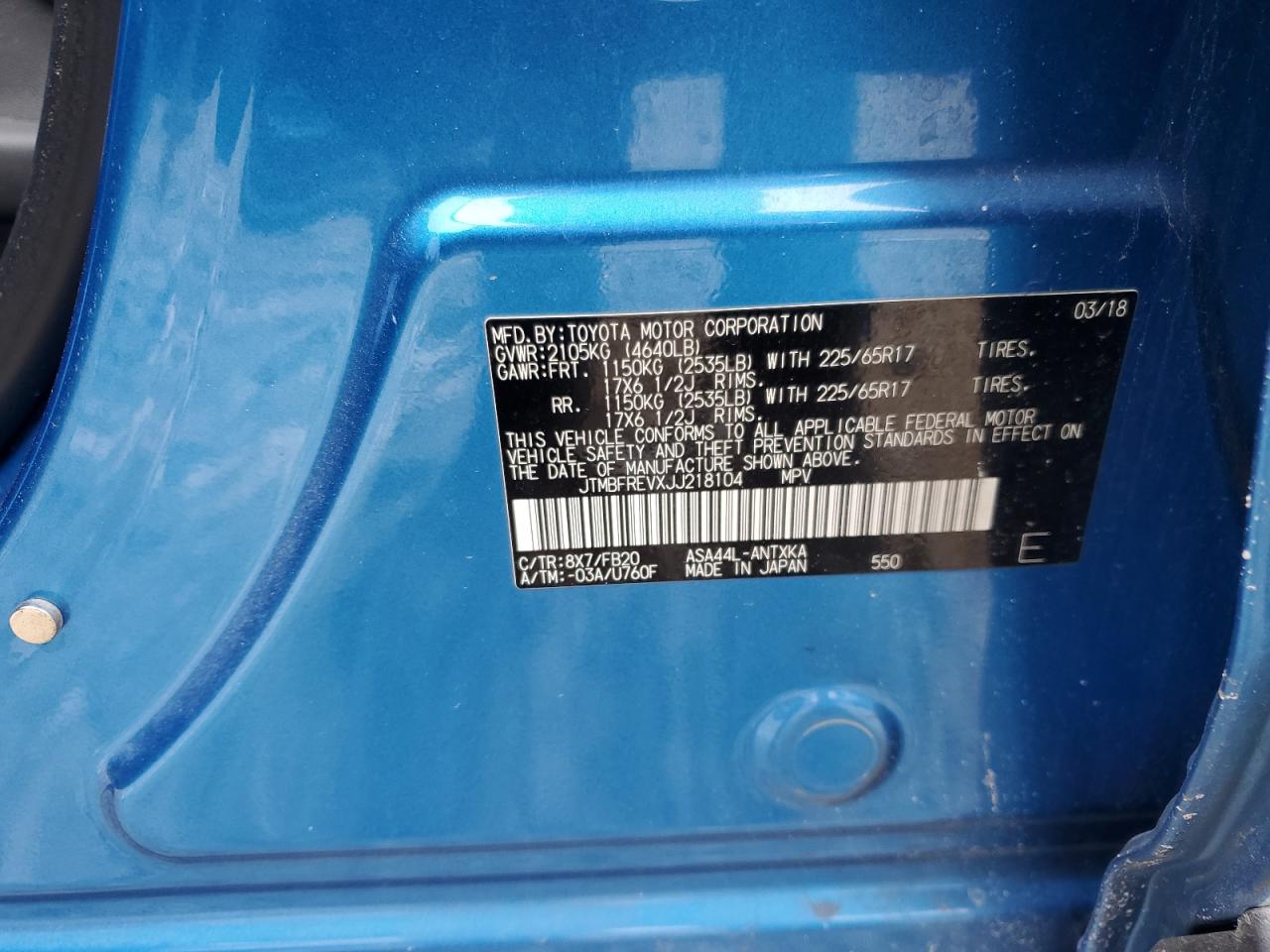 2018 Toyota RAV 4 VIN JTMBFREVXJJ218104 Copart auction photo, rear end damage thumbnail 15