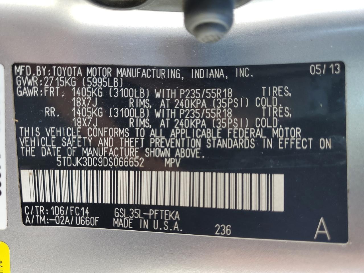 2013 Toyota Sienna VIN 5TDJK3DC9DS066652 Copart auction photo, front end damage thumbnail 14