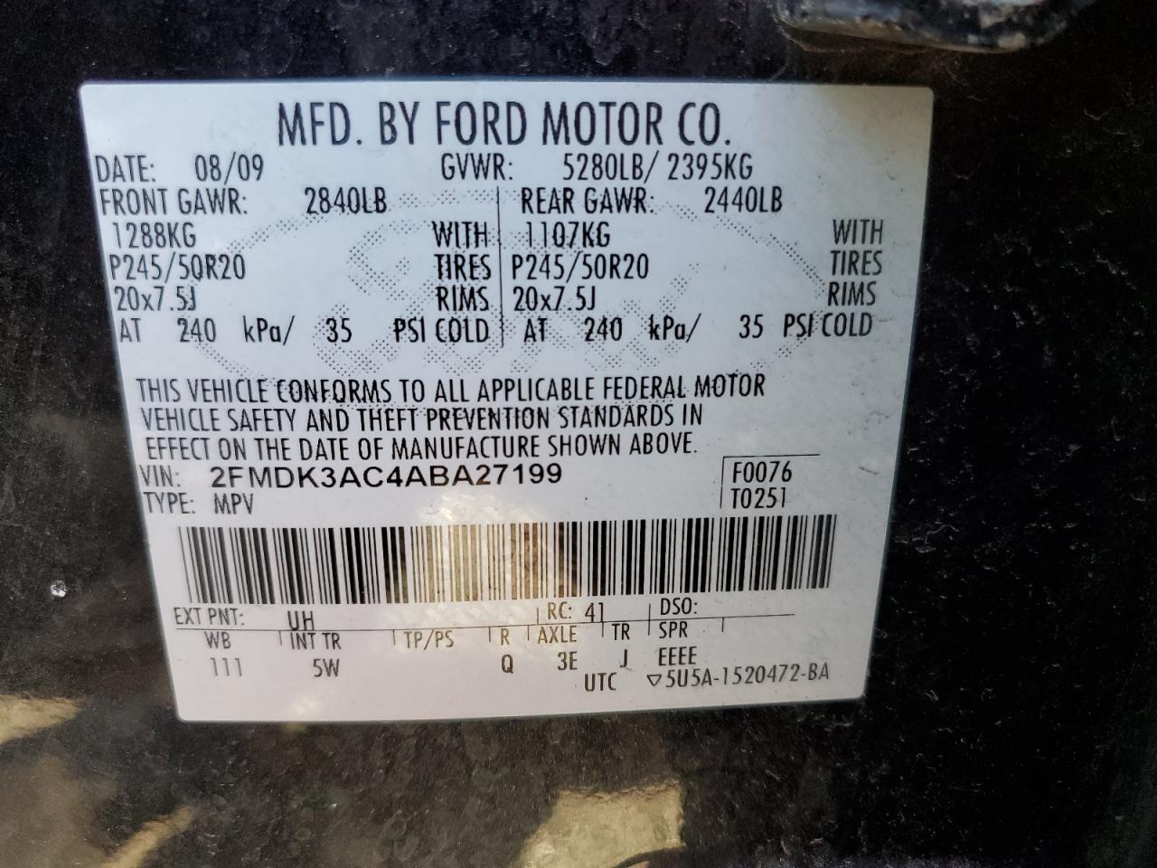 2010 Ford Edge VIN 2FMDK3AC4ABA27199 Copart auction photo, front end damage thumbnail 13