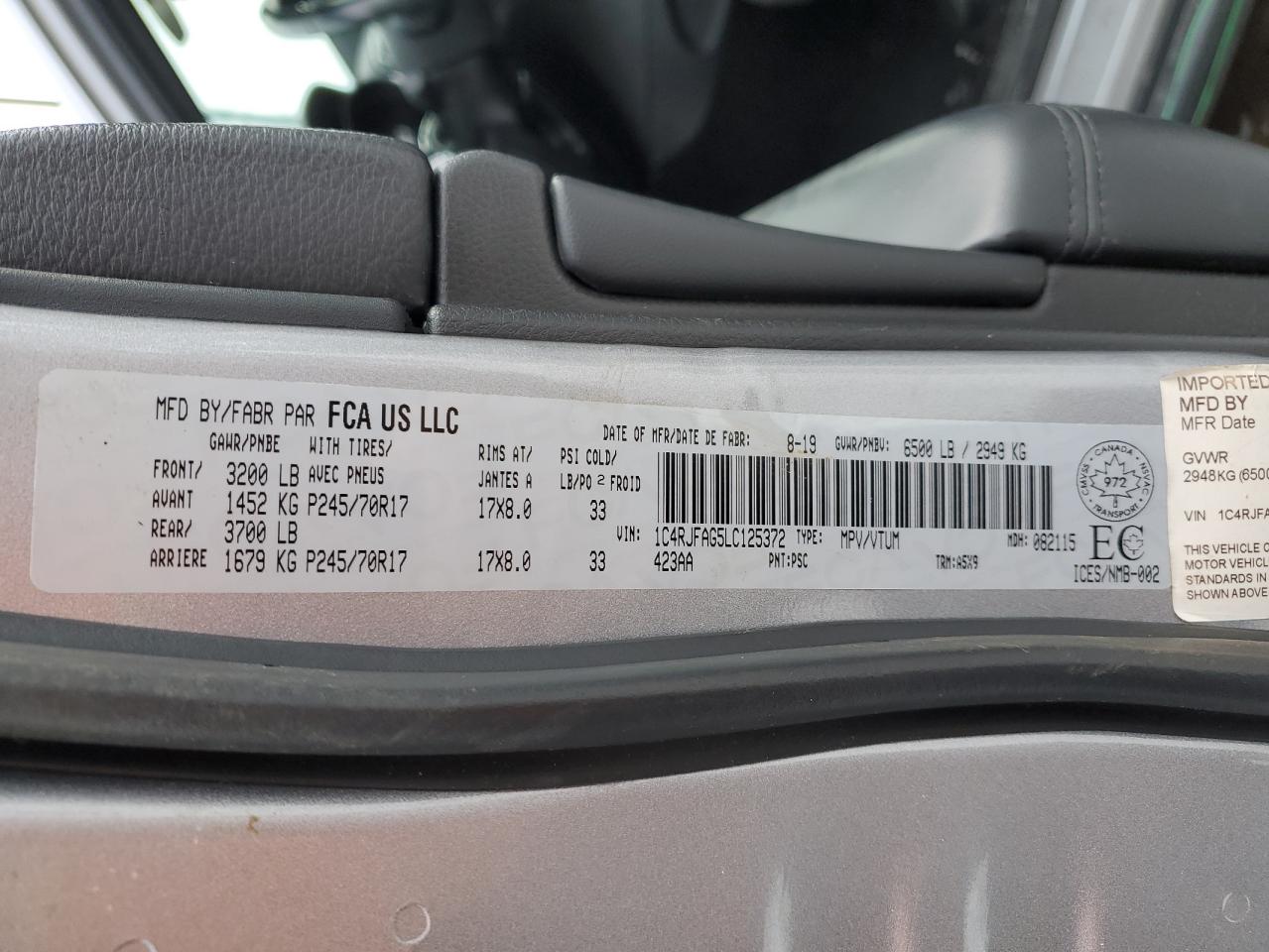 2020 Jeep Grand Cherokee VIN 1C4RJFAG5LC125372 Copart auction photo, front end / side damage thumbnail 14