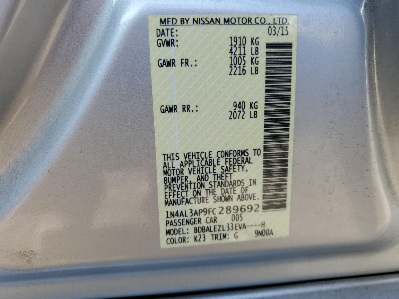 2015 Nissan Altima VIN 1N4AL3AP9FC289692 Copart auction photo, rear end damage thumbnail 12