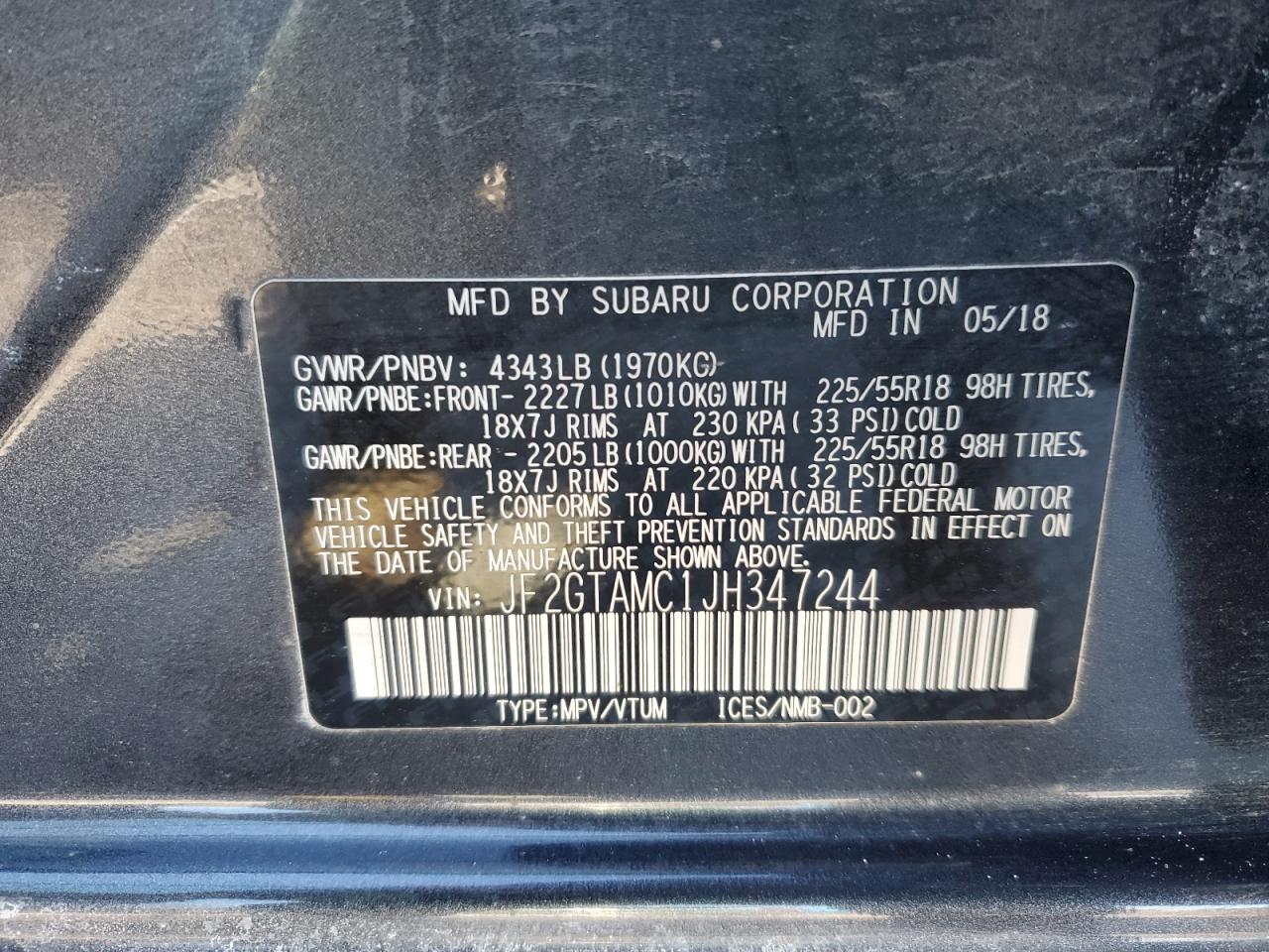 2018 Subaru XV VIN JF2GTAMC1JH347244 Copart auction photo, rear end / minor dent/scratches damage thumbnail 13