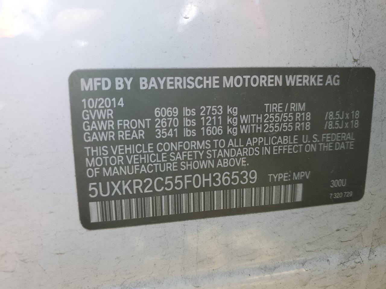 2015 BMW X5 VIN 5UXKR2C55F0H36539 Copart auction photo, mechanical damage thumbnail 13
