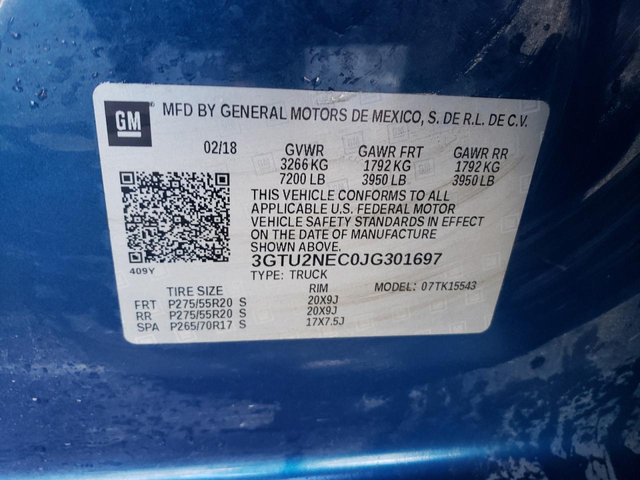 2018 GMC Sierra VIN 3GTU2NEC0JG301697 Copart auction photo, front end damage thumbnail 13