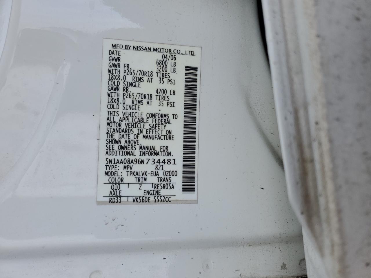 2006 Nissan Armada VIN 5N1AA08A96N734481 Copart auction photo, front end / rear end damage thumbnail 15