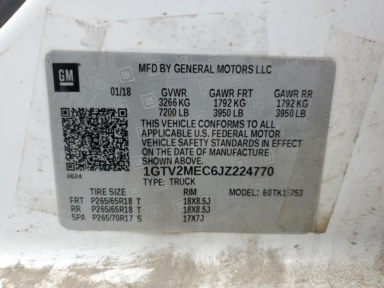 2018 GMC Sierra VIN 1GTV2MEC6JZ224770 Copart auction photo, front end damage thumbnail 15