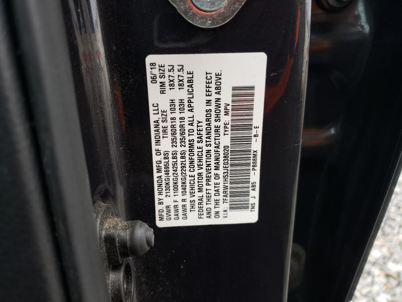 2018 Honda CR-V VIN 7FARW1H53JE038020 Copart auction photo, front end damage thumbnail 14