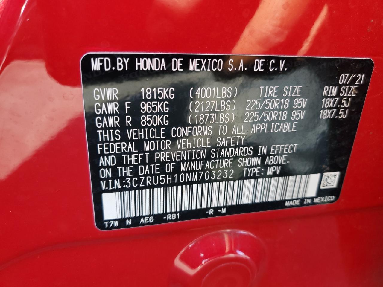 2022 Honda HR-V VIN 3CZRU5H10NM703232 Copart auction photo, side / minor dent/scratches damage thumbnail 12