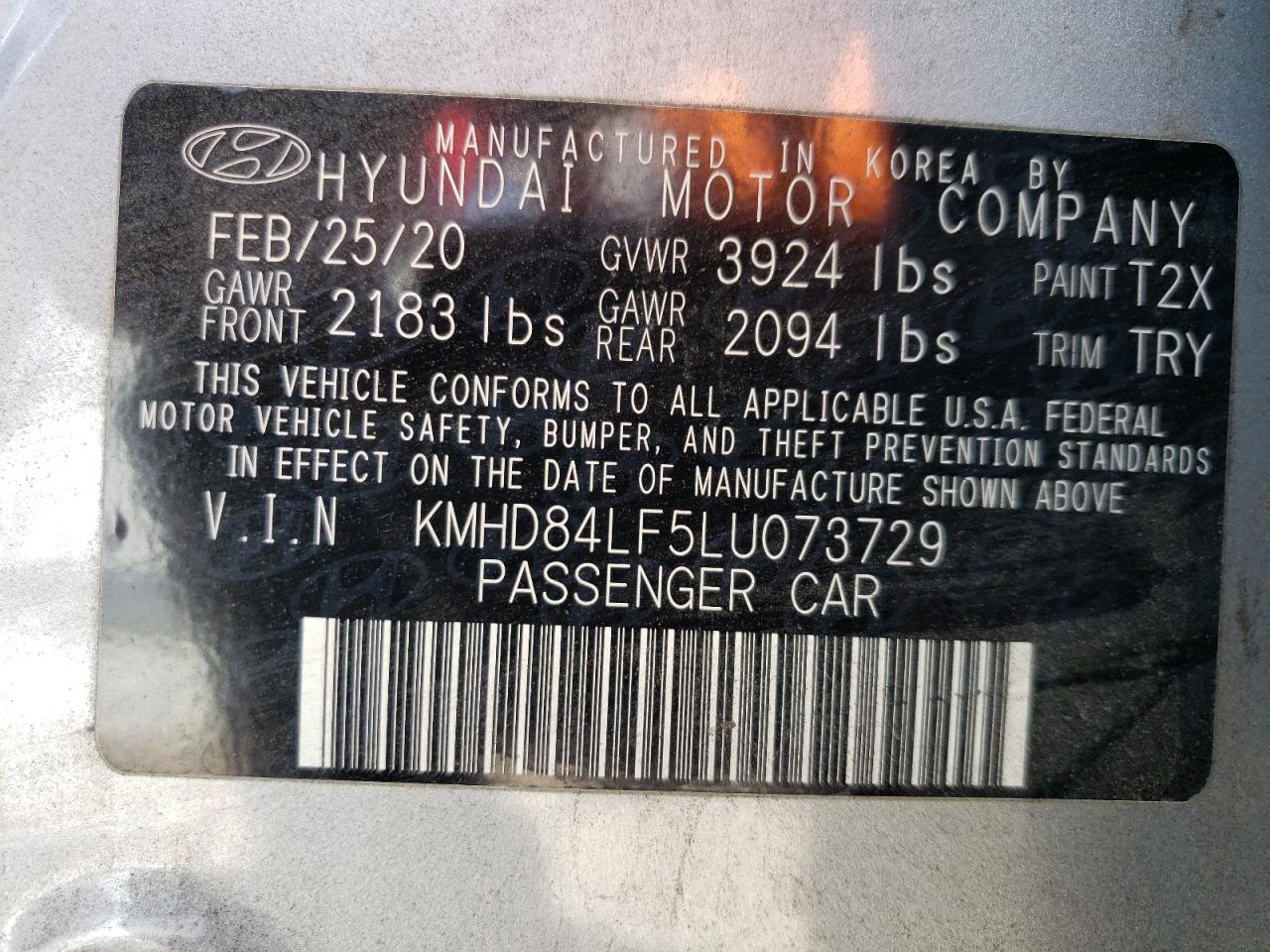 2020 Hyundai Elantra VIN KMHD84LF5LU073729 Copart auction photo, front end / side damage thumbnail 13
