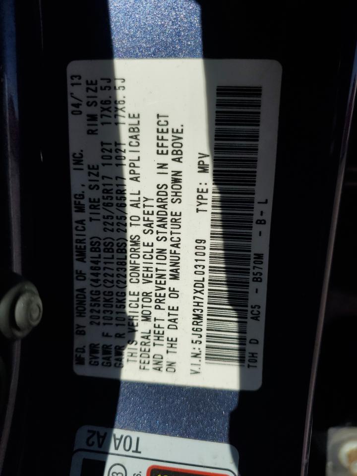 2013 Honda CR-V VIN 5J6RM3H7XDL031009 Copart auction photo, side damage thumbnail 13