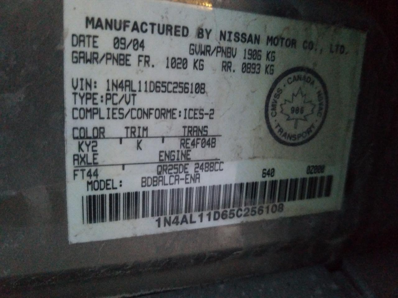 2005 Nissan Altima VIN 1N4AL11D65C256108 Copart auction photo, rear end damage thumbnail 12