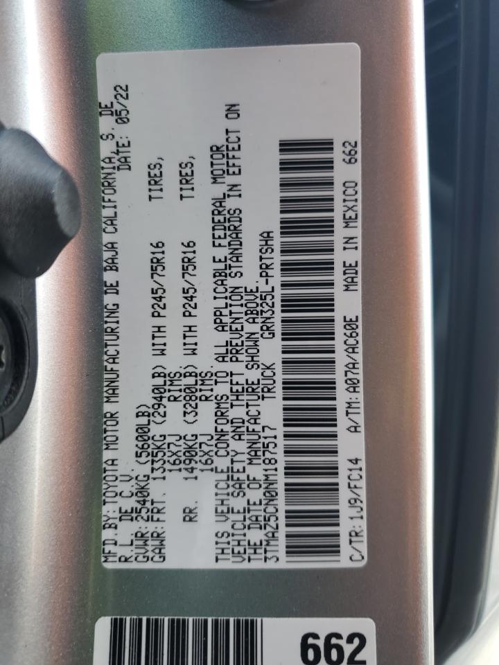 2022 Toyota Tacoma VIN 3TMAZ5CN0NM187517 Copart auction photo, side damage thumbnail 12