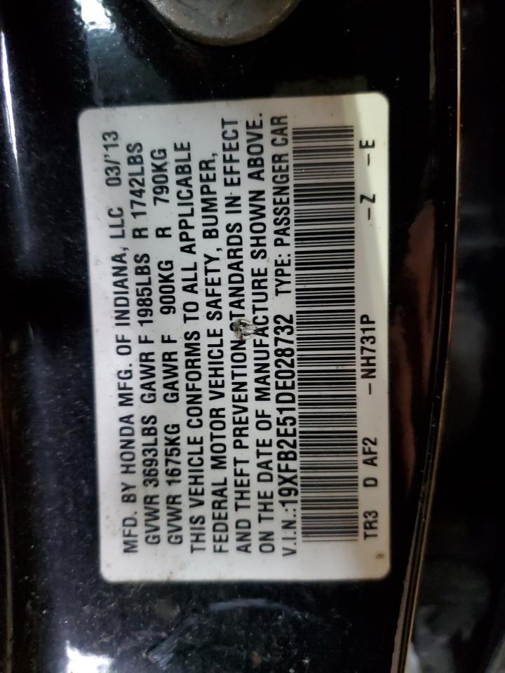 2013 Honda Civic VIN 19XFB2E51DE028732 Copart auction photo, side / front end damage thumbnail 12