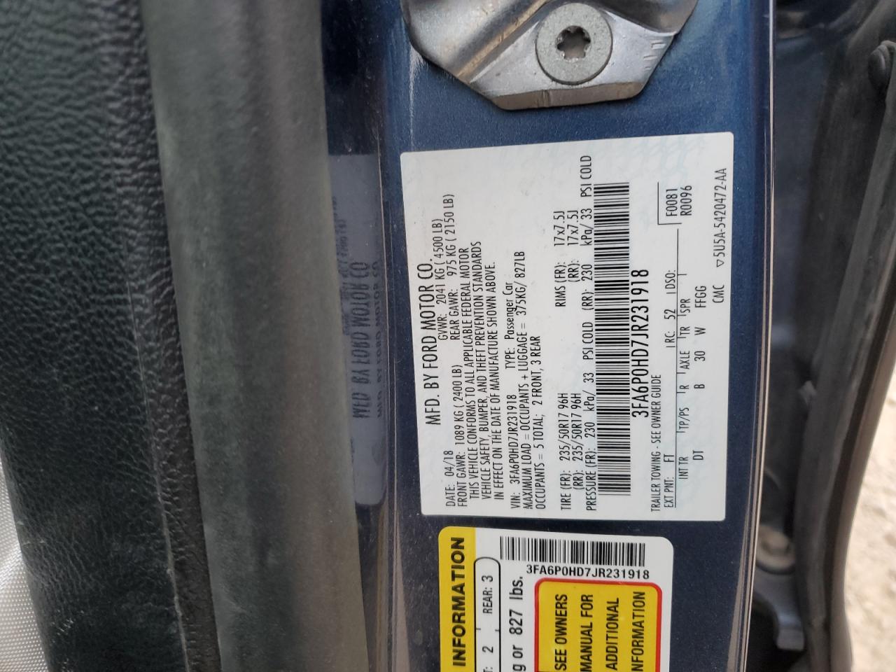 2018 Ford Fusion VIN 3FA6P0HD7JR231918 Copart auction photo, front end damage thumbnail 14