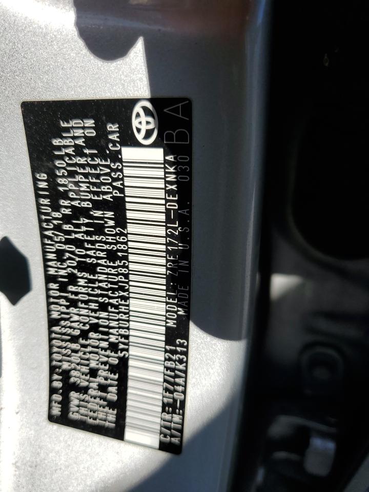 2018 Toyota Corolla VIN 5YFBURHEXJP851862 Copart auction photo, rear end / front end damage thumbnail 12