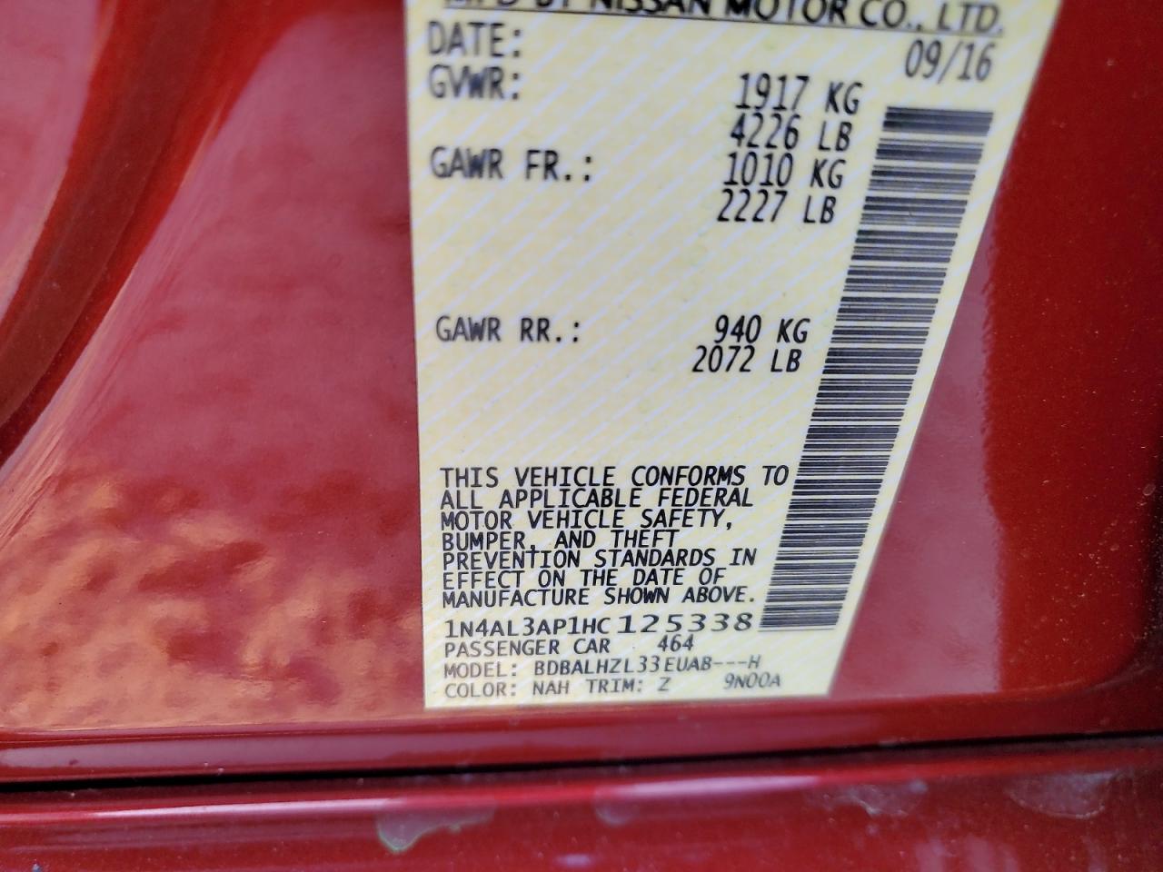 2017 Nissan Altima VIN 1N4AL3AP1HC125338 Copart auction photo, rear end damage thumbnail 13