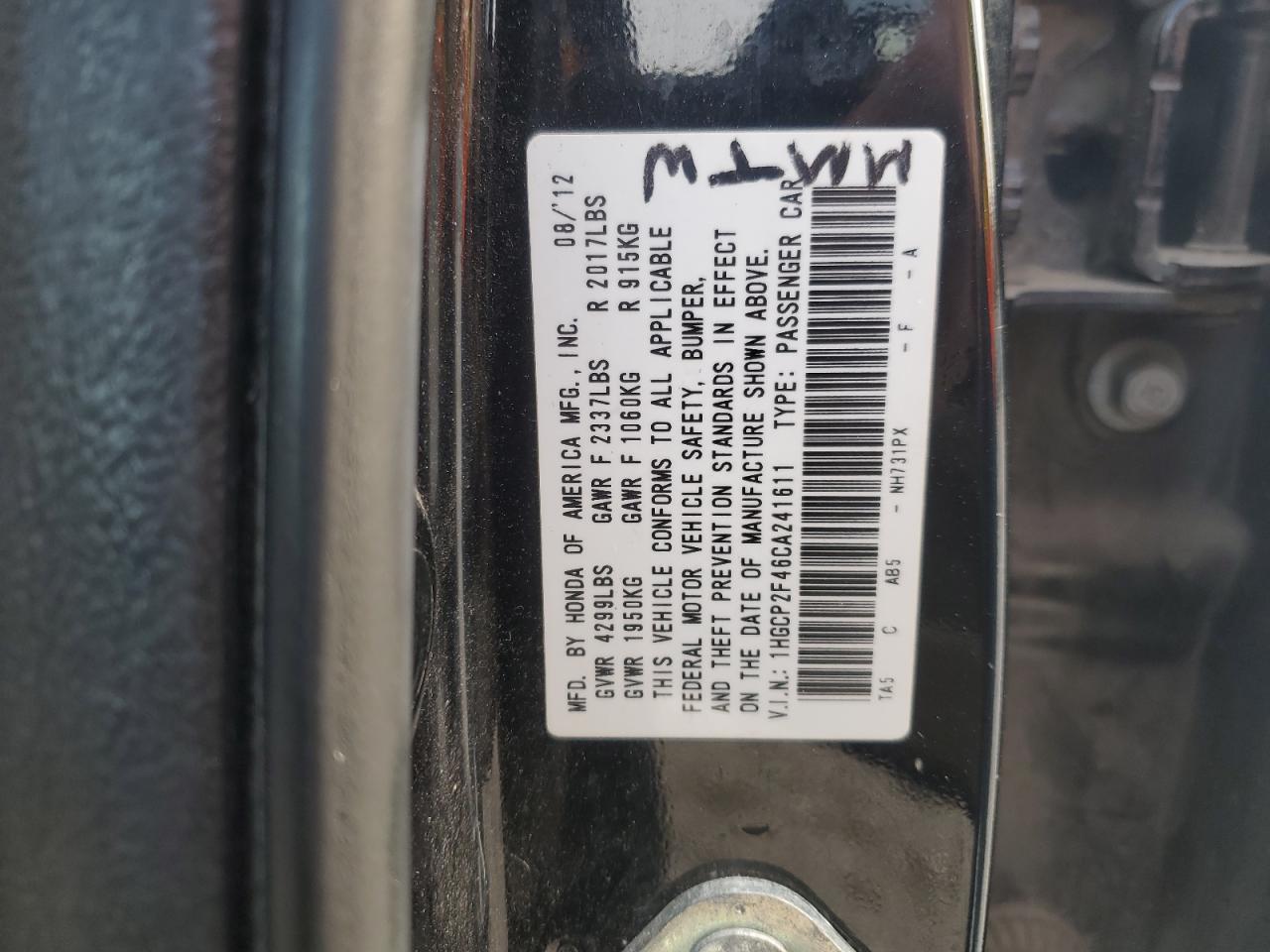 2012 Honda Accord VIN 1HGCP2F46CA241611 Copart auction photo, hail / front end damage thumbnail 14