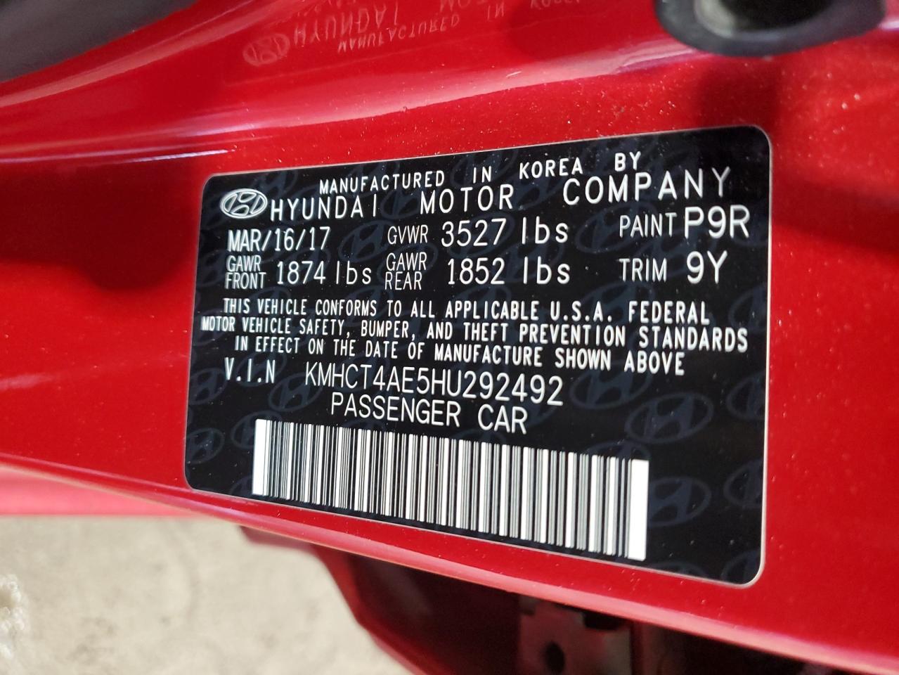 2017 Hyundai Accent VIN KMHCT4AE5HU292492 Copart auction photo, front end damage thumbnail 13