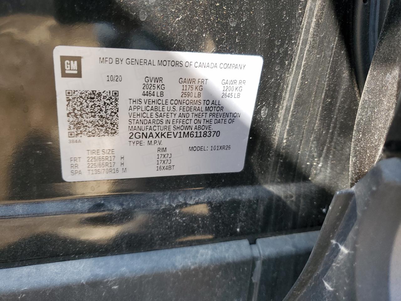 2021 Chevrolet Equinox VIN 2GNAXKEV1M6118370 Copart auction photo, rear end damage thumbnail 12
