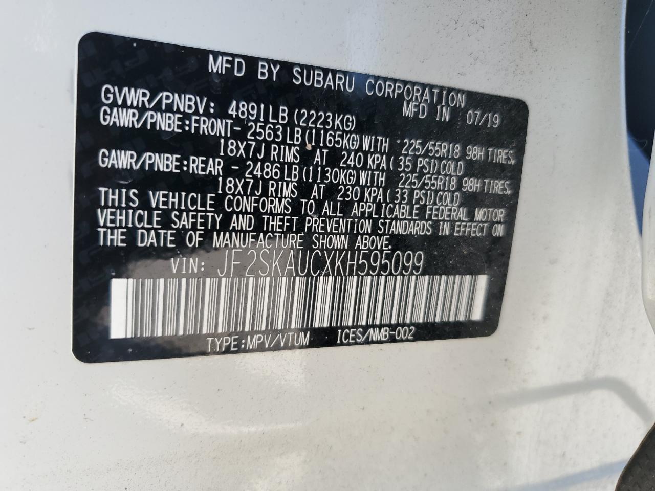 2019 Subaru Forester VIN JF2SKAUCXKH595099 Copart auction photo, front end / side damage thumbnail 13