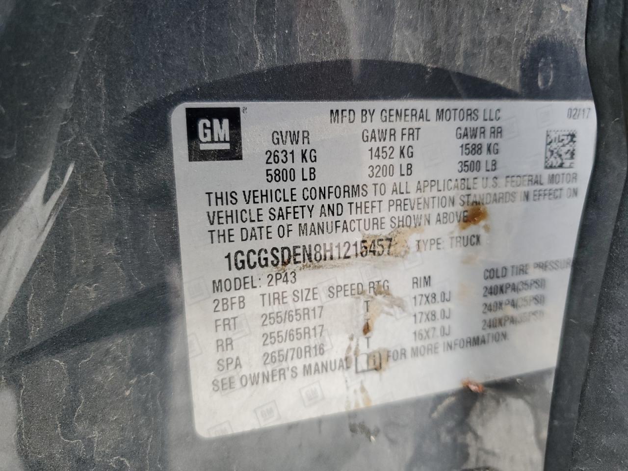 2017 Chevrolet Colorado VIN 1GCGSDEN8H1215457 Copart auction photo, front end / side damage thumbnail 14