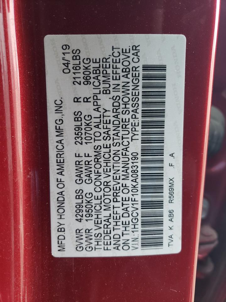 2019 Honda Accord VIN 1HGCV1F10KA083190 Copart auction photo, front end / side damage thumbnail 12