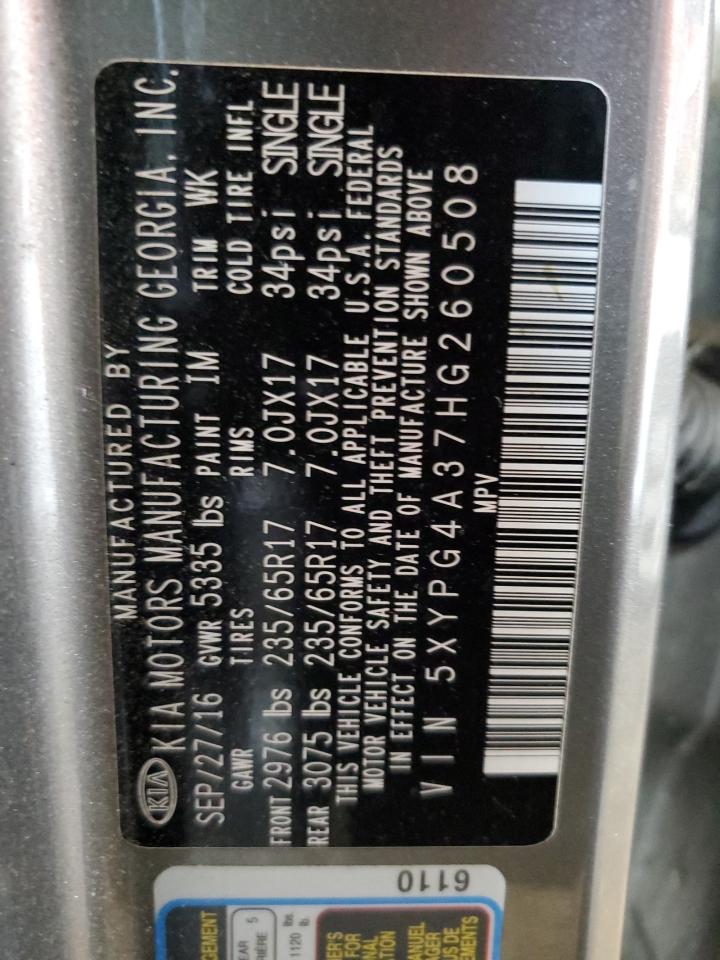 2017 KIA Sorento VIN 5XYPG4A37HG260508 Copart auction photo, front end damage thumbnail 12