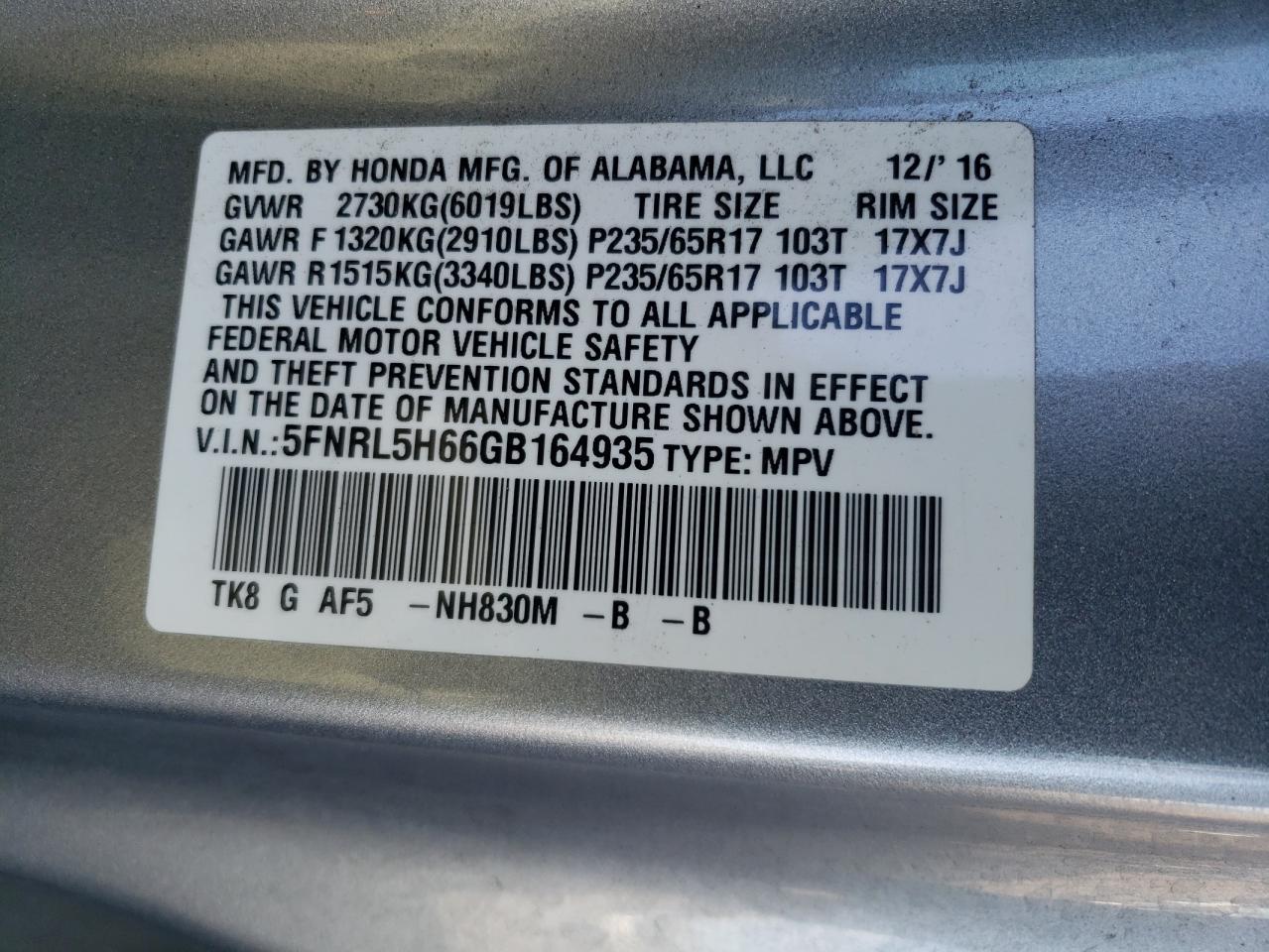 2016 Honda Odyssey VIN 5FNRL5H66GB164935 Copart auction photo, rear end damage thumbnail 12