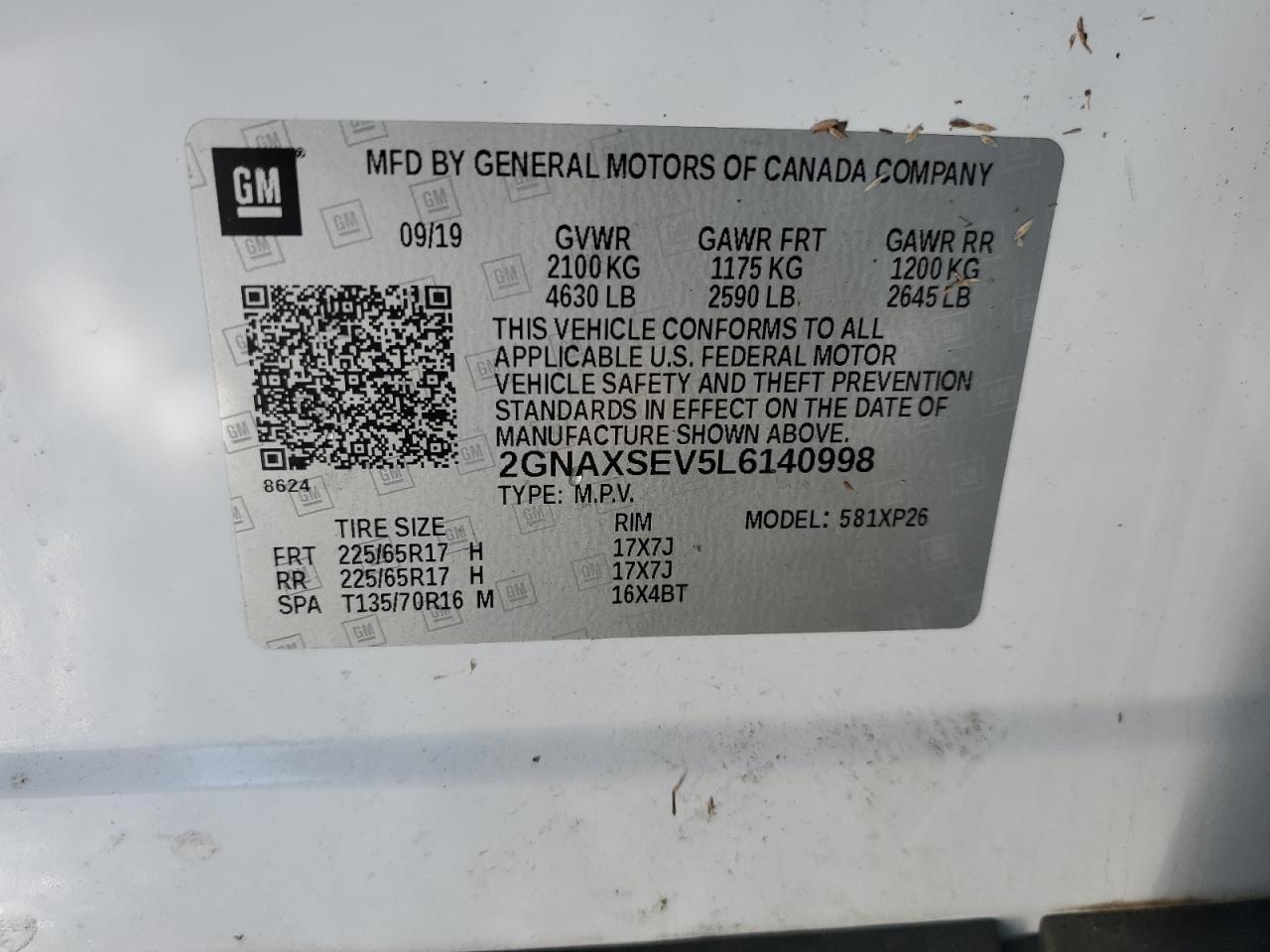 2020 Chevrolet Equinox VIN 2GNAXSEV5L6140998 Copart auction photo, water/flood / minor dent/scratches damage thumbnail 15